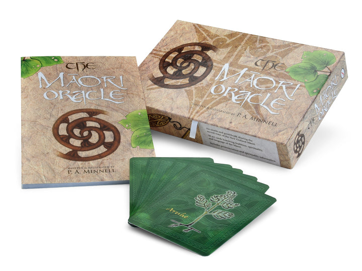 The Māori Oracle by Schiffer Publishing, Ltd. includes a guidebook and Maori-designed box, with green illustrated cards fanned out—offering ancestral guidance and celebrating New Zealand spirituality.