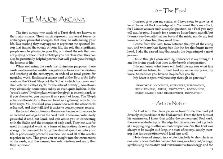 An open book from Schiffer Publishing, Ltd.’s Tarot of the Sidhe shows a Major Arcana section and detailed interpretation for 0 ~ The Fool, with keywords and artist’s notes in a two-column layout on each page.
