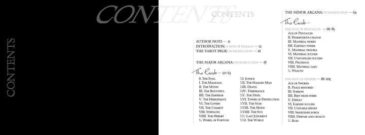 CONTENTS appears in large faded text in The Son Tarot by Schiffer Publishing, Ltd., highlighting sections such as Introduction, Major and Minor Arcana, self-realization cards, and individual cards like The Fool, The Magician, and The Lovers.