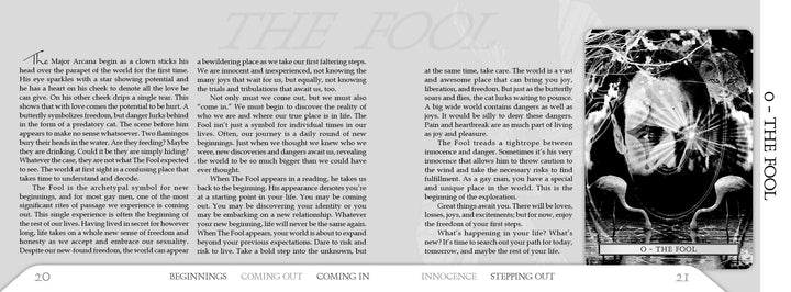 A black-and-white book spread from The Son Tarot by Schiffer Publishing, Ltd. discusses The Fool card. The right page shows an illustrated person with a backpack, mushrooms, light, and the label 0 - The Fool, from a gay tarot deck.