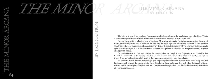 A spread from The Son Tarot by Schiffer Publishing, Ltd.: the left page is mostly black with “The Minor Arcana: Introduction” in large, faded letters; the right page introduces their role in gay tarot and masculine spirituality, with INTRODUCTION on the margin.