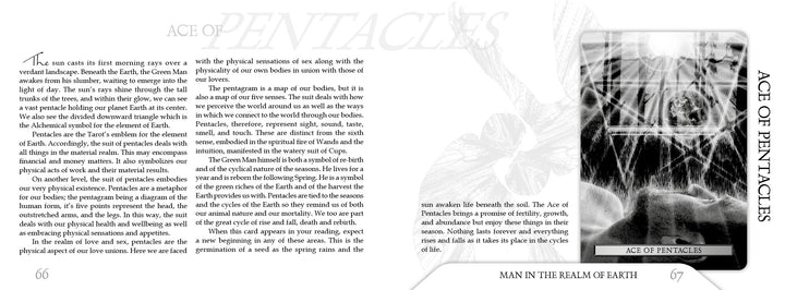 A two-page spread from The Son Tarot by Schiffer Publishing, Ltd., explores the Ace of Pentacles through masculine spirituality, featuring a faded pentacle background and a small card image on the lower right page.