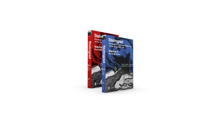 Two volumes of *Stalingrad: The Death of the German Sixth Army on the Volga, 1942-1943* by Schiffer Publishing, Ltd. stand upright—Volume 1 with a red cover and Volume 2 with a blue cover, set against a white background.