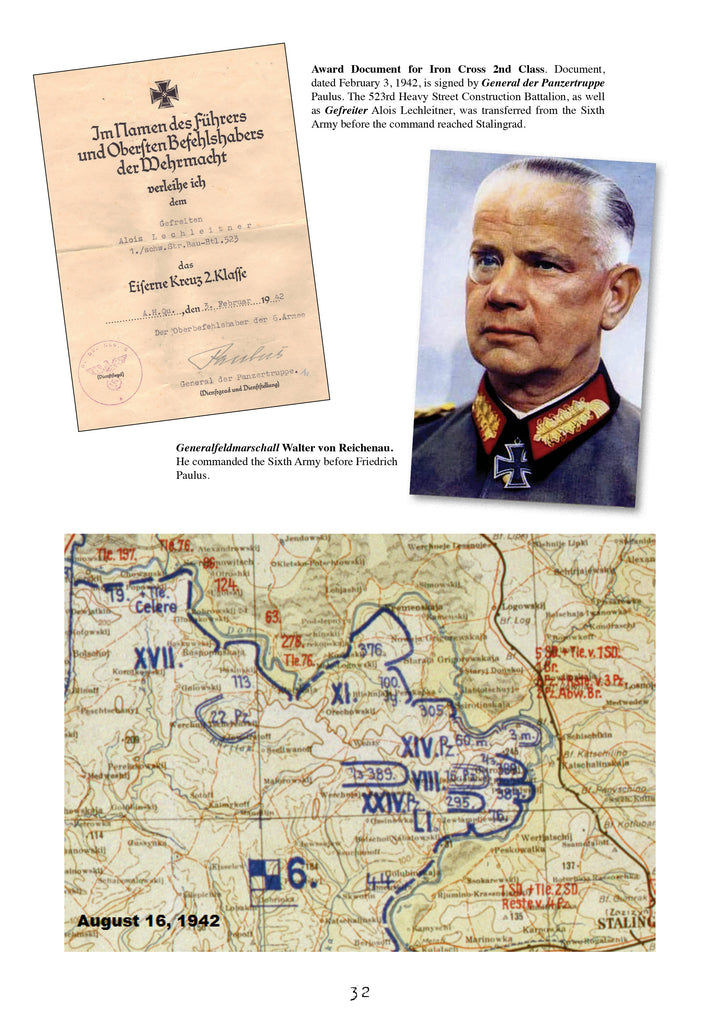 Stalingrad: The Death of the German Sixth Army on the Volga, 1942-1943 by Schiffer Publishing, Ltd. features WWII Iron Cross documents, a German general's portrait, and a military map of Sixth Army troop movements near Stalingrad from August 16, 1942.