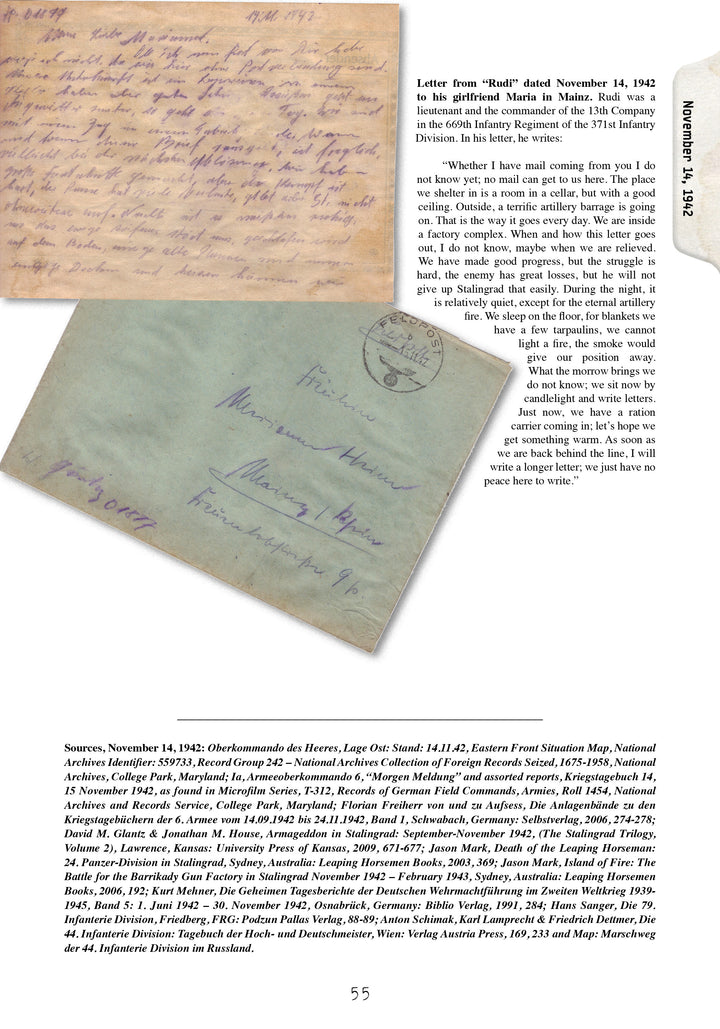 A scanned page from *Stalingrad: The Death of the German Sixth Army on the Volga, 1942-1943* (Schiffer Publishing, Ltd.) displays Rudi's letter (Nov. 14, 1942), translation, sources, and two images of old German envelopes from Stalingrad.