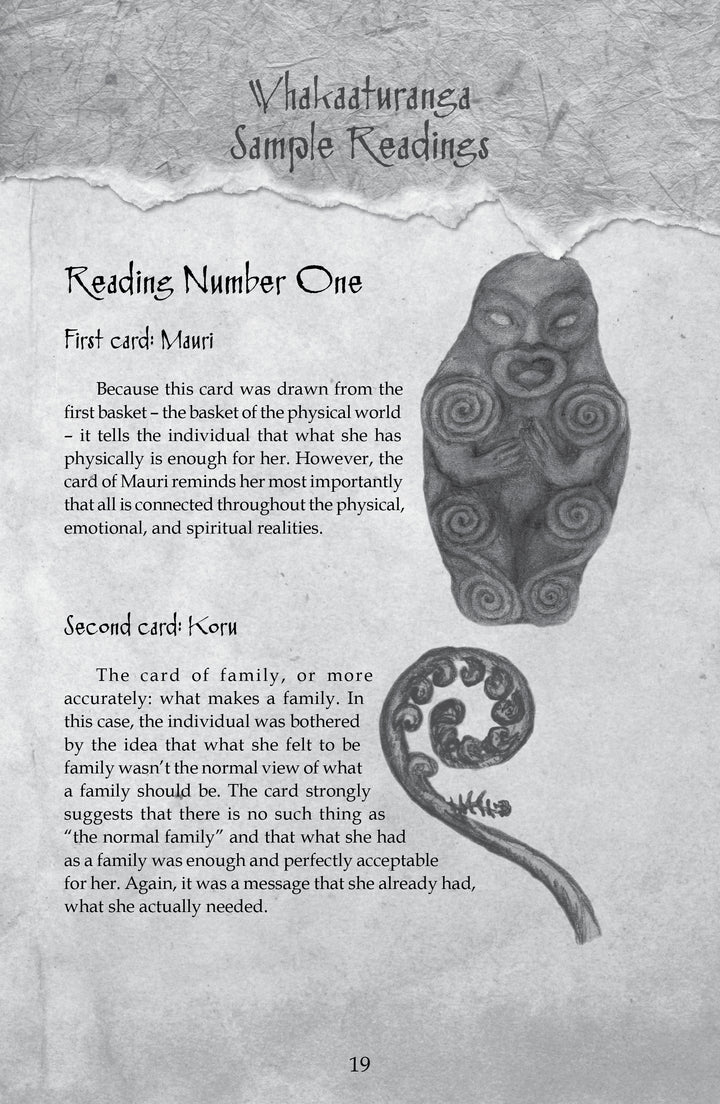 A black-and-white book page from The Māori Oracle by Schiffer Publishing, Ltd. shows an owl above tarot-style readings for “Mauri” and “Koru,” with swirling patterns, ancestor guidance, and Māori spirituality on a textured background.