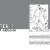 A black and white illustration of The Fool card, from Schiffer Publishing, Ltd.’s The Healing Tarot, shows a figure with a satchel and dog. This image appears on the grey and white title page for Chapter 1: The Major Arcana.