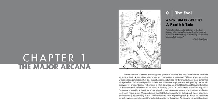 A black and white illustration of The Fool card, from Schiffer Publishing, Ltd.’s The Healing Tarot, shows a figure with a satchel and dog. This image appears on the grey and white title page for Chapter 1: The Major Arcana.