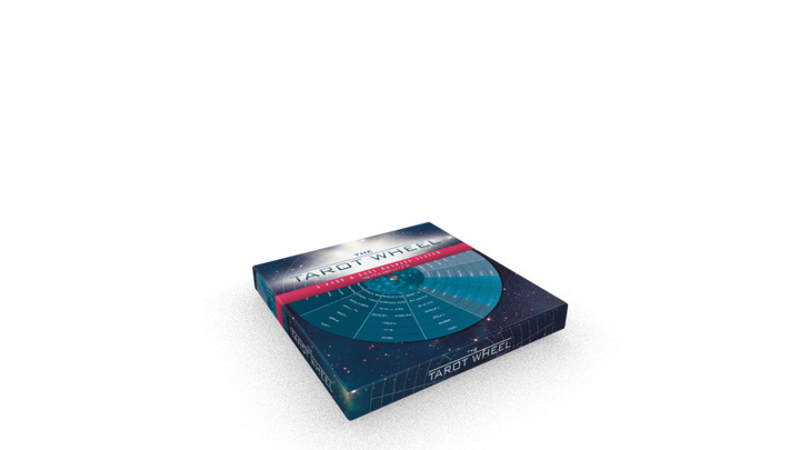 The Tarot Wheel by Schiffer Publishing, Ltd. is a boxed set for tarot reading, featuring a circular card spread diagram with a cosmic background and a red band on the cover, shown against a plain white backdrop.