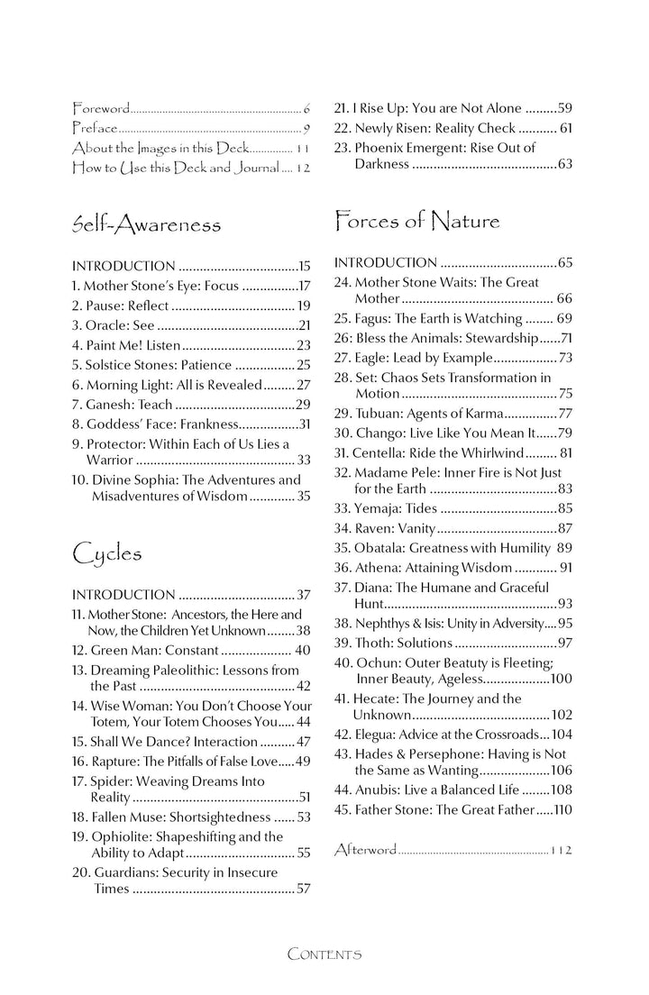 A two-column contents page from "The Stone Circle Oracle" by Schiffer Publishing, Ltd. lists sections—Self-Awareness, Cycles, Forces of Nature—with chapters and pages, featuring tools like meditation cards and the Stone Circle oracle deck.