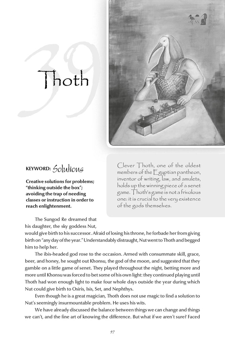 A page from The Stone Circle Oracle by Schiffer Publishing, Ltd. features an illustration of Thoth, the wise Egyptian deity, writing on a scroll—perfect for use in meditation cards or self-exploration tools.