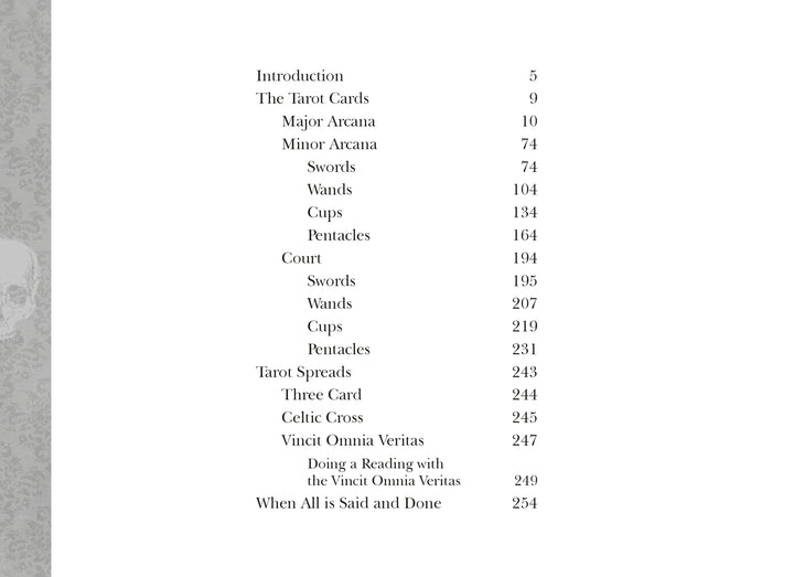 Table of contents for the Tarot of the Night companion guide by Schiffer Publishing, Ltd., listing sections and pages on Major Arcana, Minor Arcana, Court cards, unique spreads, and tarot reading techniques.