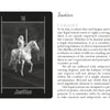 A grayscale "Justice" card from Tarot of the Night by Schiffer Publishing, Ltd. shows an armored figure with sword and scales on a white horse, beside text explaining Justice's meaning in tarot and tips for a custom spread or companion guide.