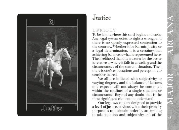 A grayscale "Justice" card from Tarot of the Night by Schiffer Publishing, Ltd. shows an armored figure with sword and scales on a white horse, beside text explaining Justice's meaning in tarot and tips for a custom spread or companion guide.