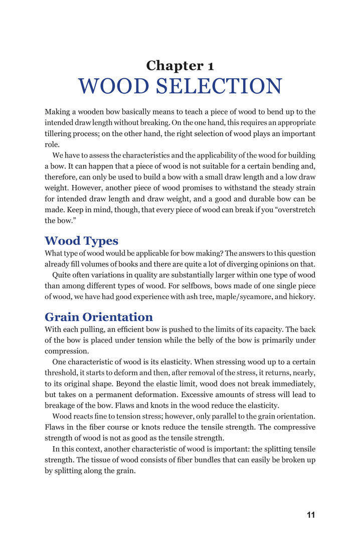 A page from "Teaching the Bow to Bend" by Schiffer Publishing, Ltd. on wood selection for longbows, factors in choosing suitable wood, and the role of grain orientation. "Page 11" is noted at the bottom.