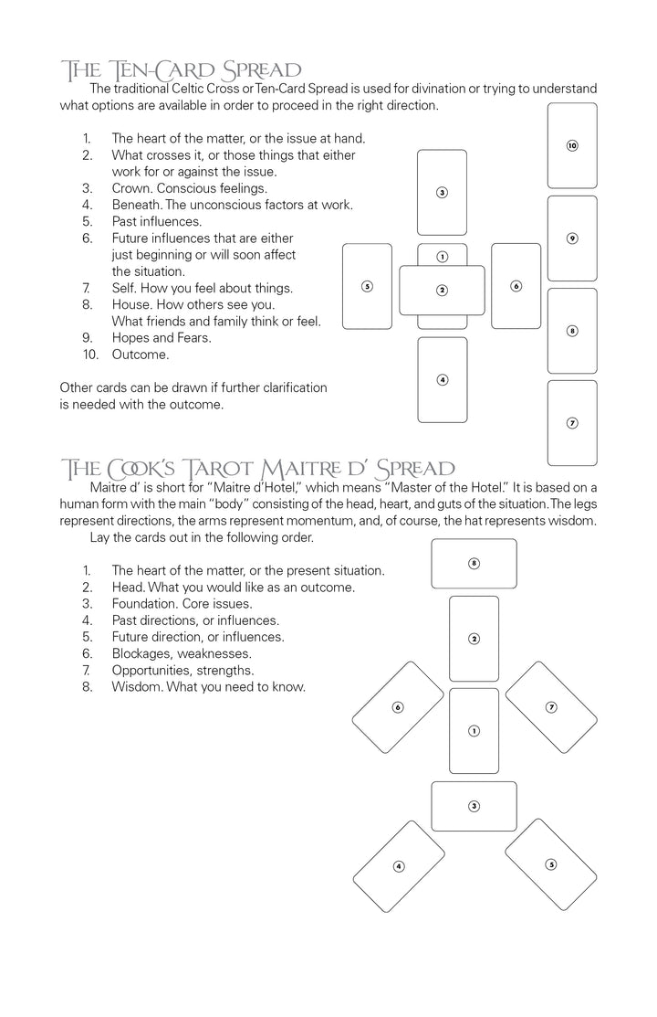 A diagram displays two tarot spreads—the Ten-Card (Celtic Cross) and the Cook's Tarot Maitre d Spread—with card positions, instructions, and meanings, ideal for users of The Cook's Tarot by Schiffer Publishing, Ltd.