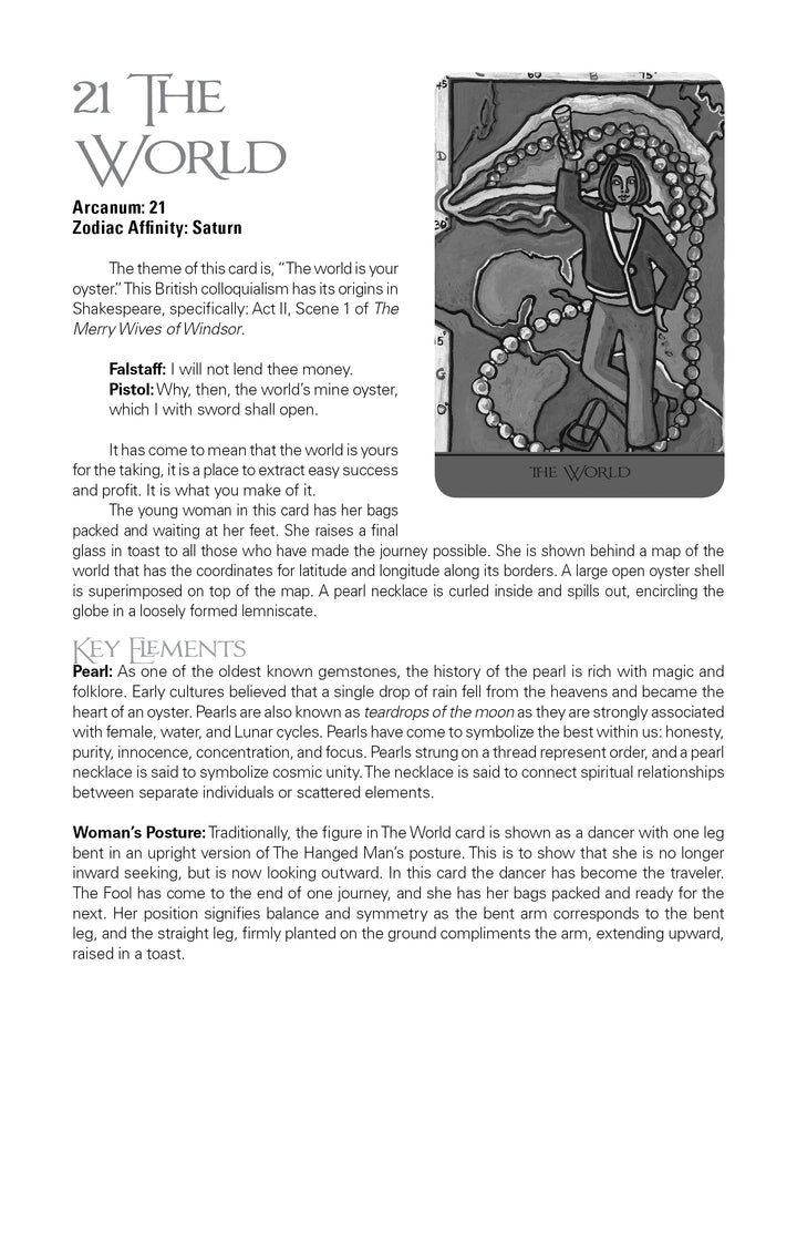 A grayscale, hand-painted Tarot card titled The World from The Cook's Tarot by Schiffer Publishing, Ltd. depicts a woman with a staff inside an oyster shell, surrounded by pearls, a necklace, a rose, stars, and bordered text above and below.