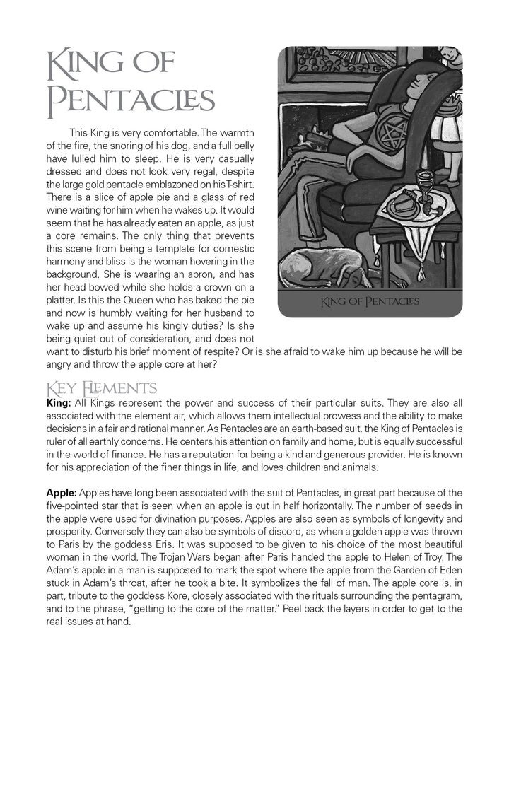 A grayscale illustration depicts a crowned man with a pentacle, seated by a dog. Discover King of Pentacles tarot meanings in The Cook's Tarot by Schiffer Publishing, Ltd.—ideal for fans of hand-painted Tarot cards or guidebook sets.