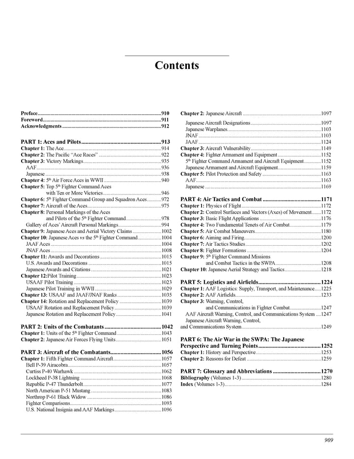 Table of contents for "The Fifth Fighter Command in World War II" by Schiffer Publishing, Ltd., with chapters on pilot training, Japanese aces, air units, tactics, armament, logistics, 5th Fighter Command & SW Pacific air war, and page numbers.