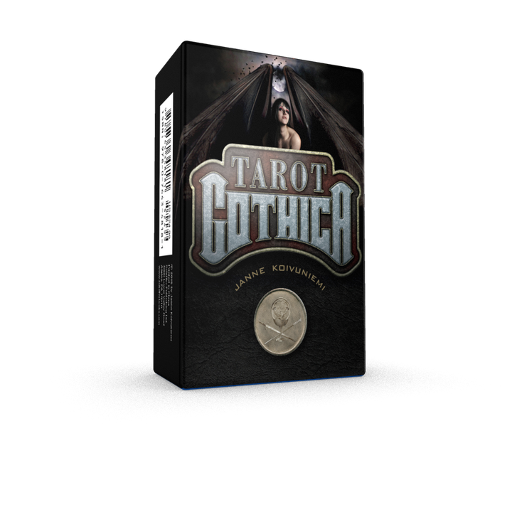 A box of Tarot Gothica by Schiffer Publishing, Ltd.—a gothic tarot deck featuring artwork of a woman with bat wings, a dark background, and a silver coin on the front.