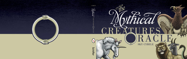 Book cover of The Mythical Creatures Oracle by Schiffer Publishing, Ltd., featuring illustrated unicorn, griffin, dragon, sphinx, ornate lettering, and a metal ring design—ideal for fans of divination cards.
