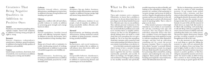 The Mythical Creatures Oracle by Schiffer Publishing, Ltd. features a text page on various mythological creatures and their flaws—such as banshees, centaurs, and griffins—with an essay, “What to Do with Monsters,” from a mythology guidebook.