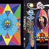 Book cover for Tarot D by Schiffer Publishing, Ltd. Left: vibrant geometric tarot card from a unique deck. Right: hooded figure with cosmic elements holding a glowing orb and wand. Bold title centered.