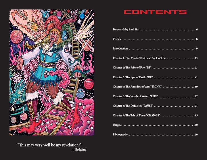 A surreal, colorful illustration for Tarot D by Schiffer Publishing, Ltd. shows a whimsically dressed figure amid cosmic stairs and stars, next to a guidebook-inspired table of contents listing chapters on life, energy, earth, air, words, diffusion, and time.