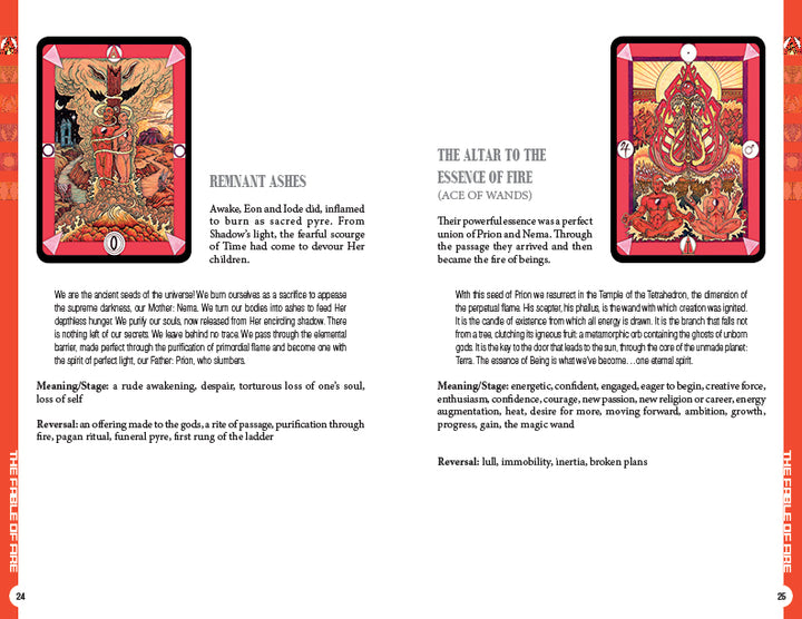Two facing pages from Schiffer Publishing, Ltd.'s Tarot D guidebook describe the Ace of Wands and Remnant Ashes cards, featuring illustrations, meanings (upright/reversed), detailed explanations, and elegant red borders.