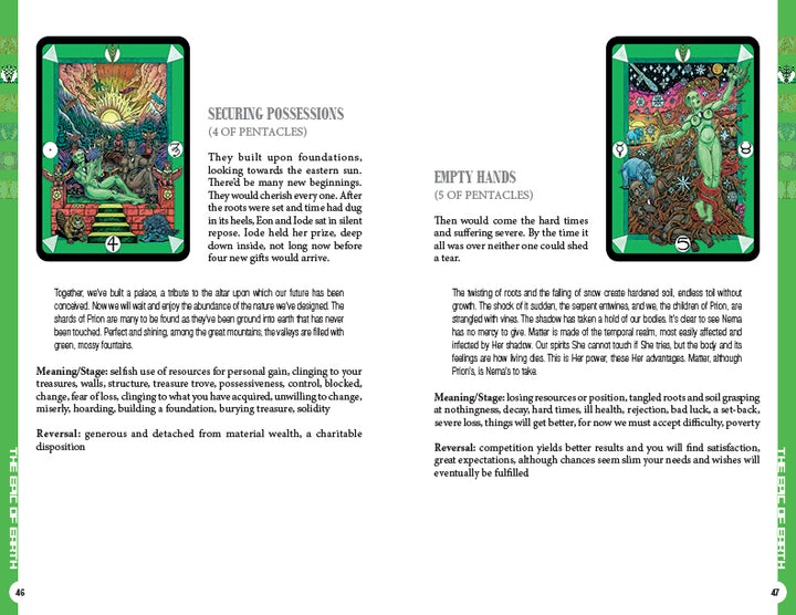 A two-page spread from the Tarot D guidebook by Schiffer Publishing, Ltd. displays illustrated 4 and 5 of Pentacles cards, with each page exploring their meanings and interpretations inspired by poetic mythology.