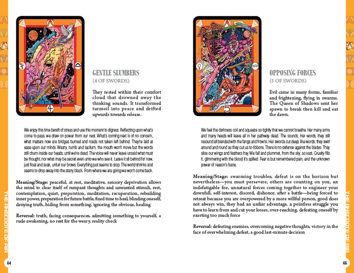 Two "Tarot D" deck cards, “4 of Swords” and “5 of Swords” by Schiffer Publishing, Ltd., feature vibrant designs and guidebook-style text that explains each card’s meaning, message, and advice.