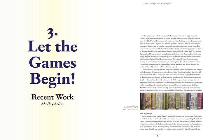 A book spread from What If Textiles by Schiffer Publishing, Ltd. shows “3. Let the Games Begin! Recent Work Shelley Selim” in large text on the left; the right has a title, image, and text on Gerhardt Knodel in a serif font on white.
