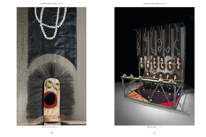 Left: A close-up of a contemporary textile sculpture with brush-like texture and simple face, set on black and gray fabric with pearl details. Right: Mask-like faces on sticks from What If Textiles by Schiffer Publishing, Ltd.