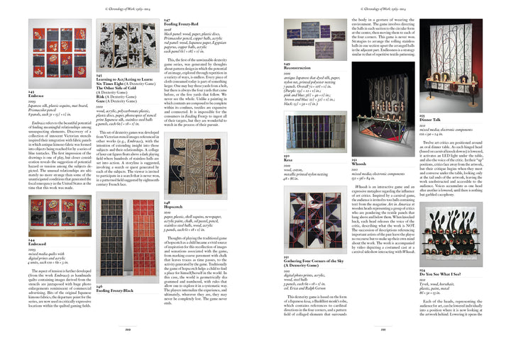 A two-page spread from Schiffer Publishing, Ltd.'s "What If Textiles" showcases contemporary textile and mixed media artworks, each with photos, artist names, descriptions, dimensions, and materials on a clean white background.