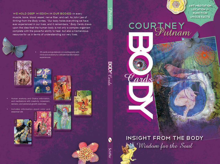 Front and back cover of Body Cards by Schiffer Publishing, Ltd.—a vibrant anatomy oracle deck with dreamy collage art, butterflies, anatomical icons, and mystical symbols focusing on body wisdom for spirituality and self-discovery.