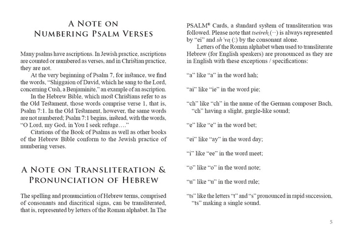 A page in The PSALM® Cards by Schiffer Publishing, Ltd. explains psalm verse numbering, Hebrew transliteration and pronunciation with examples and symbols, reflecting standard practices used for spiritual inspiration in the cards.