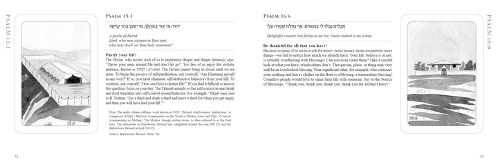 Two pages from The PSALM® Cards by Schiffer Publishing, Ltd.: the left shows Psalm 15:1 in English and Hebrew with tents and commentary, while the right features Psalm 16:6 and a house among trees and hills.