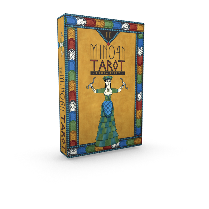 The image shows a box of The Minoan Tarot by Schiffer Publishing, Ltd., a Tarot deck inspired by ancient Crete, with colorful borders and a woman in Minoan attire holding two serpents on the cover.
