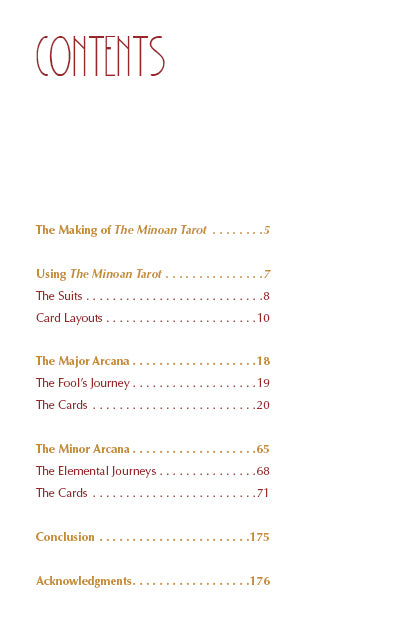 Table of contents for The Minoan Tarot by Schiffer Publishing, Ltd., with sections on deck creation, usage, card layouts, Major & Minor Arcana (ancient Crete), plus Conclusion and Acknowledgments—all with page numbers.