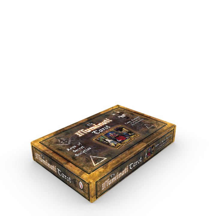 A brown, vintage-style tarot card box labeled "The Illuminati Tarot" by Schiffer Publishing, Ltd., features mystical Western-inspired symbols and tarot card illustrations on the lid, set against a plain white background.