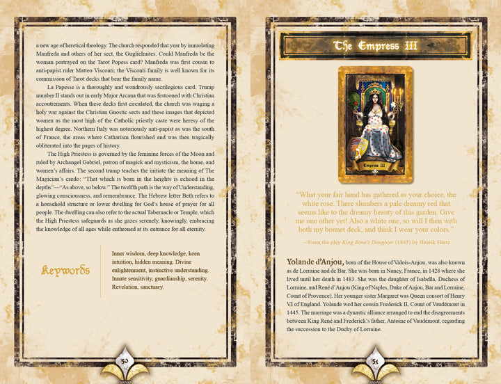 A two-page parchment-style spread from Schiffer Publishing, Ltd.’s The Illuminati Tarot showcases The Empress III card with descriptive text, a Yolanda d’Aragón quote, and a Keywords section in the lower left corner.