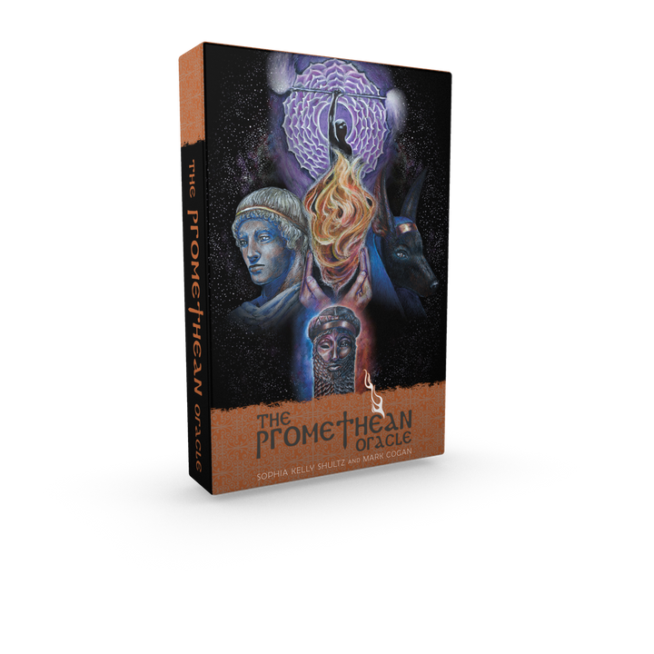 The Promethean Oracle by Schiffer Publishing, Ltd. comes in a 3D box with mystical art featuring a woman raising her arms, classical statues, a wolf, and swirling cosmic designs, inviting personal divination. Authors’ names appear below.