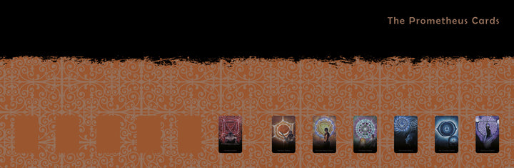 A row of eight illustrated tarot cards rests on an ornate brown patterned background, evoking an oracle deck. The top right shows “The Promethean Oracle” in light text on black. Brand: Schiffer Publishing, Ltd. The upper area is mostly empty.