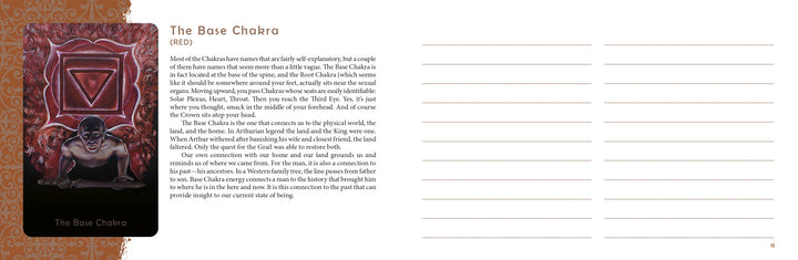 A left page from The Promethean Oracle by Schiffer Publishing, Ltd. features Base Chakra divination text with a crouching horned figure over a red geometric symbol; the right provides lined space for your insights or oracle readings.
