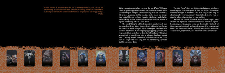 A two-page spread from *The Promethean Oracle* by Schiffer Publishing, Ltd. showcases a black and brown patterned background, a quote with text on the left, and six chakra animal oracle cards with mystical designs for personal divination.