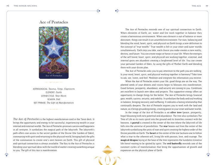 An open book from The Promethean Oracle by Schiffer Publishing, Ltd. shows the Ace of Pentacles page, featuring a vibrant card illustration, detailed meanings, keywords, and oracle deck associations for personal divination.