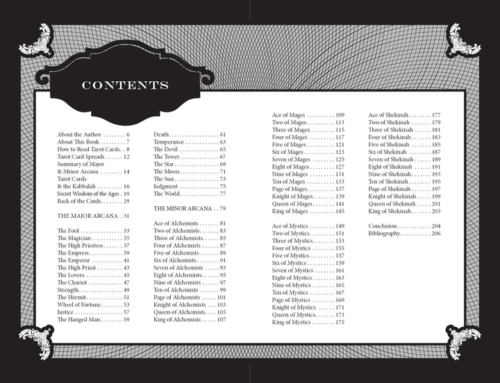 A black and white table of contents for "The AlcheMystic Woodcut Tarot" by Schiffer Publishing, Ltd., features sections on The Major Arcana, Minor Arcana, and card types—Mages, Seekers, Alchemists, Sphinxes—with page numbers.