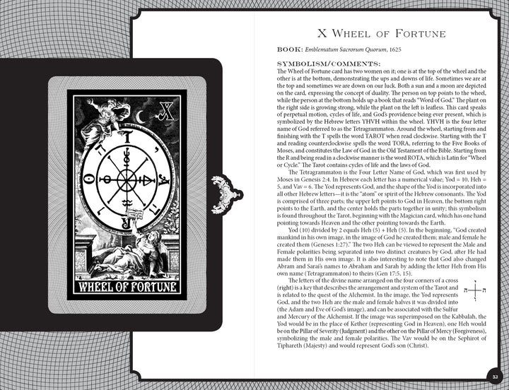 The AlcheMystic Woodcut Tarot by Schiffer Publishing, Ltd. features a Wheel of Fortune card with a symbolic wheel, mythical creatures, and sphinx, plus detailed text on its Kabbalah connections, symbolism, and history.