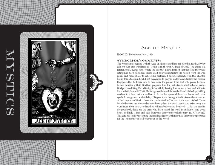 The AlcheMystic Woodcut Tarot by Schiffer Publishing, Ltd. features an ornate card with a crescent moon, mountains, and swirling patterns beside a detailed black-and-white explanatory page, evoking classic woodcut Tarot designs.