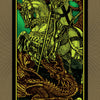 A card from The AlcheMystic Woodcut Tarot by Schiffer Publishing, Ltd. depicts a knight on horseback slaying a dragon, labeled XV and THE DEVIL, featuring bold yellow-green and black colors with intricate woodcut details.